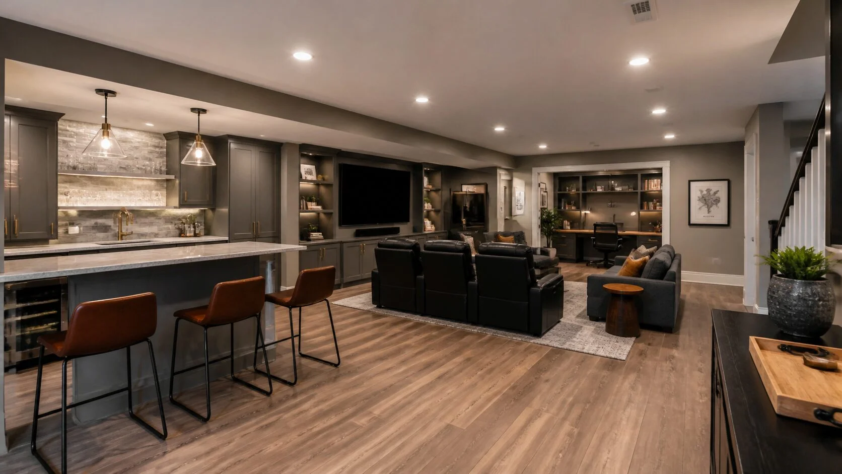 Beautifully finished basement with wet bar, home theater seating, and custom built-ins by RAM Builder Services